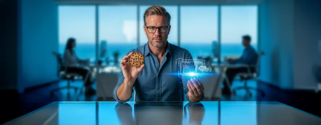 Un professionnel de la tech illustre la transition des cookies tiers vers les portefeuilles numériques dans un environnement de travail moderne à Santa Monica