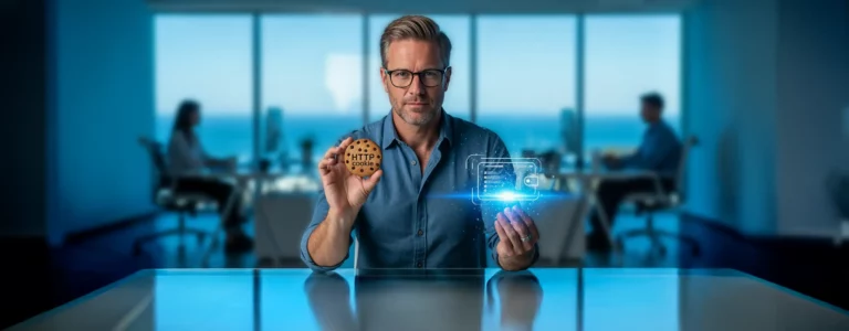 Un professionnel de la tech illustre la transition des cookies tiers vers les portefeuilles numériques dans un environnement de travail moderne à Santa Monica