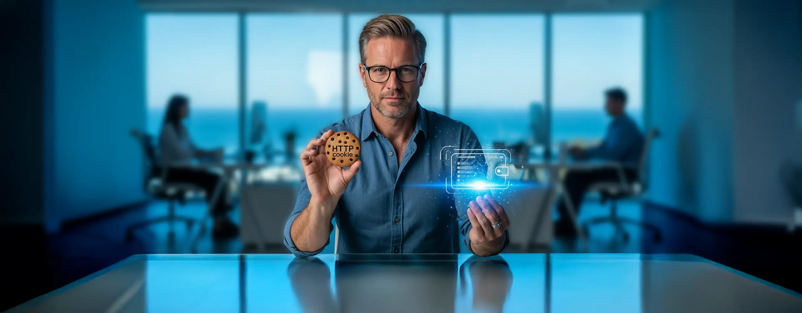 Un professionnel de la tech illustre la transition des cookies tiers vers les portefeuilles numériques dans un environnement de travail moderne à Santa Monica